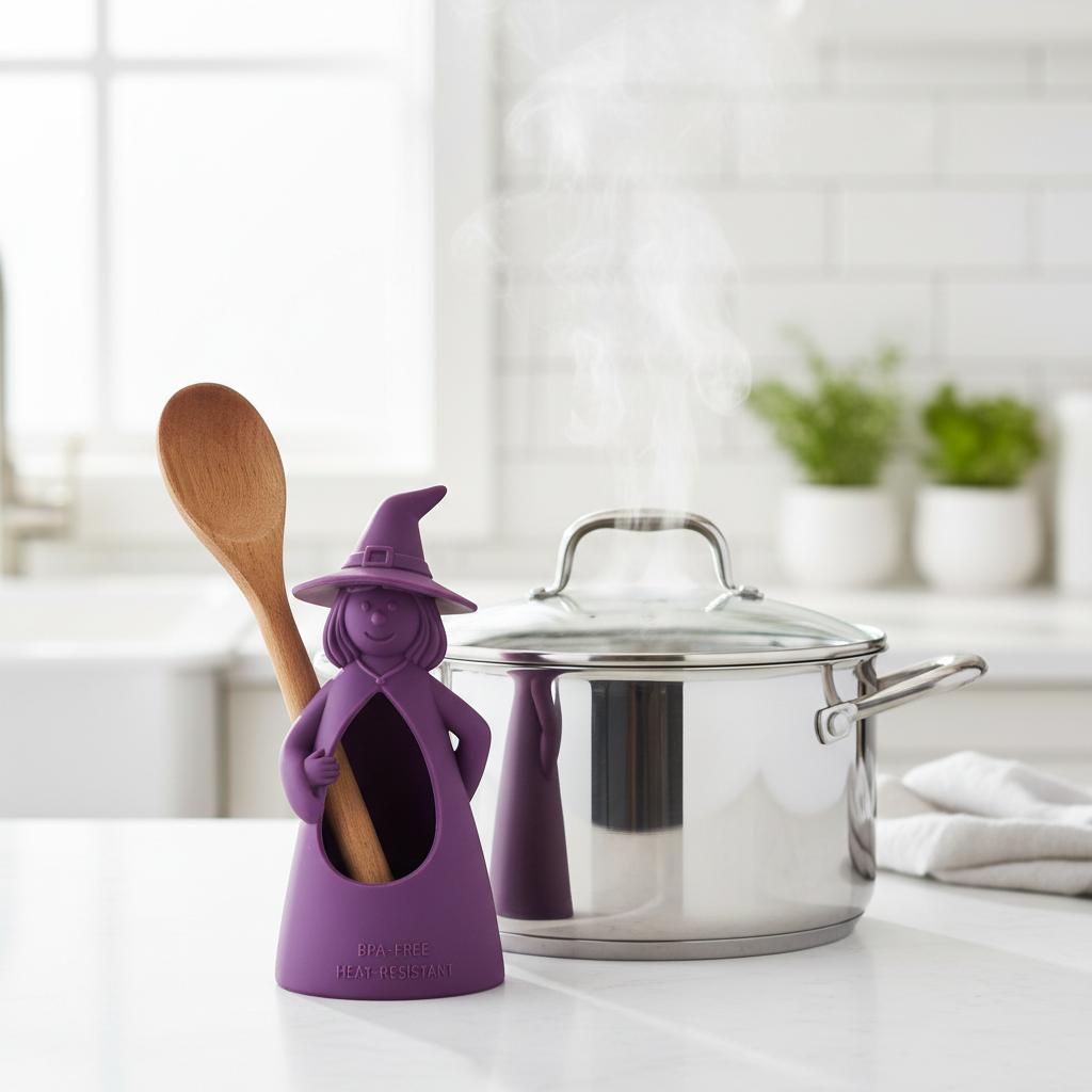 Purple silicone witch-shaped spoon holder and steam release on kitchen countertop